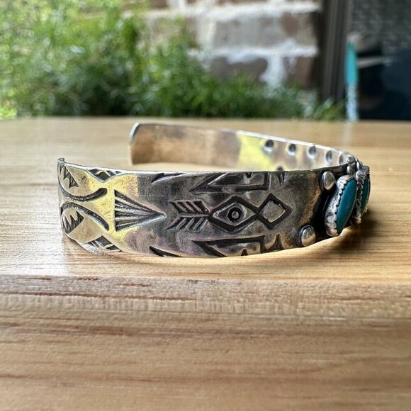 VTG Navajo Open Cuff Bracelet Size 5.75 Blue Turquoise 7 Cabs 925 Sterling 13.9g - Picture 3 of 12